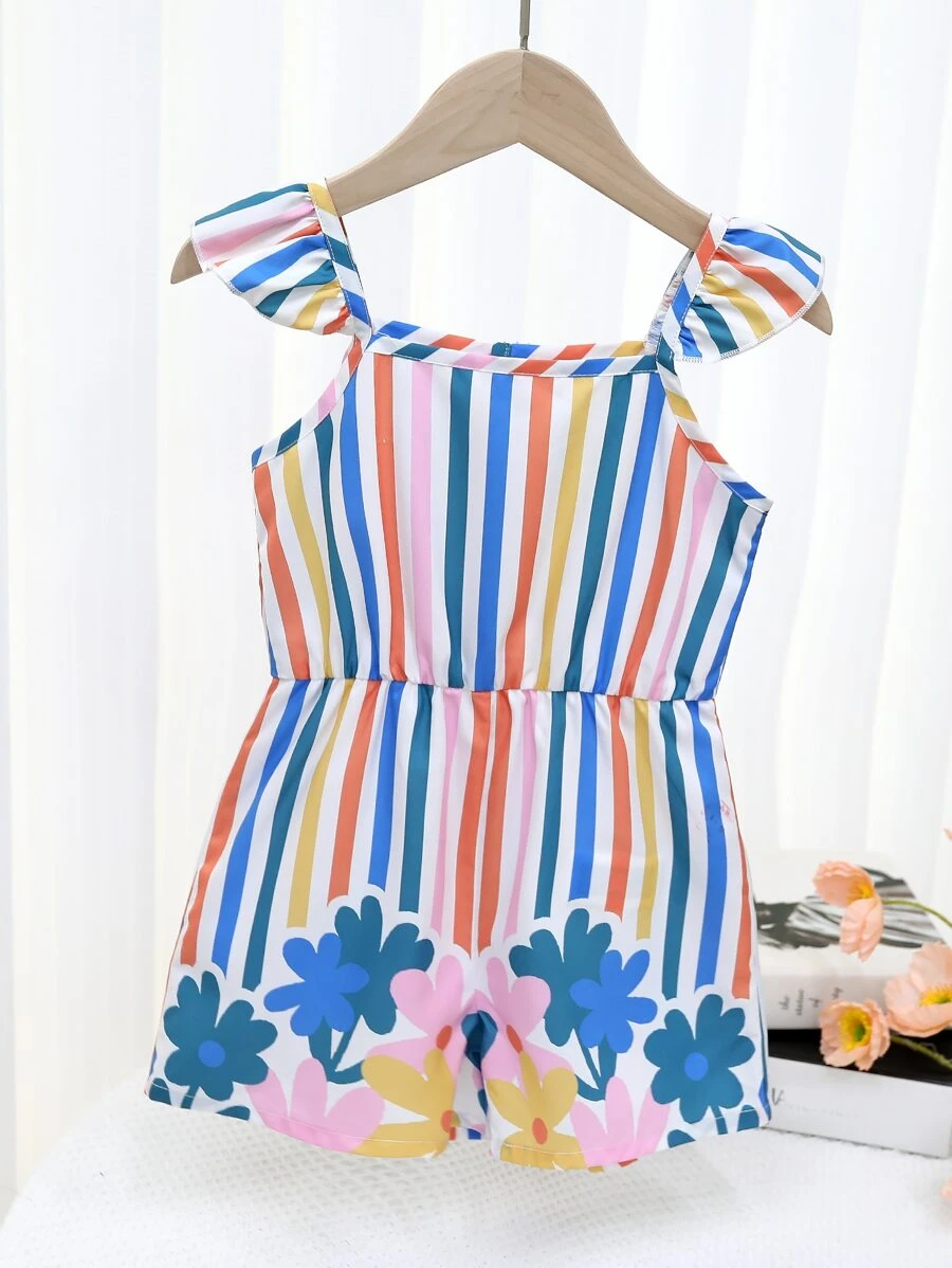 Toddler Girls Striped & Floral Print Ruffle Trim Cami Romper - Multicolor - View 1