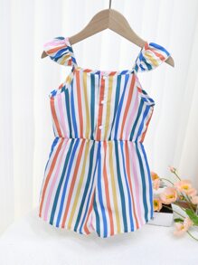 Toddler Girls Striped & Floral Print Ruffle Trim Cami Romper - Multicolor - View 2