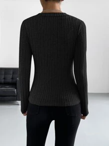 SHEIN EZwear V領條紋針織T恤 - 黑色 - 查看 2