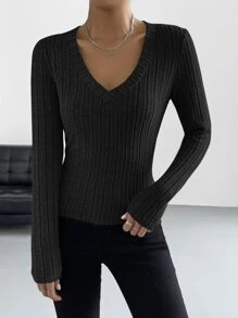 SHEIN EZwear V領條紋針織T恤 - 黑色 - 查看 5