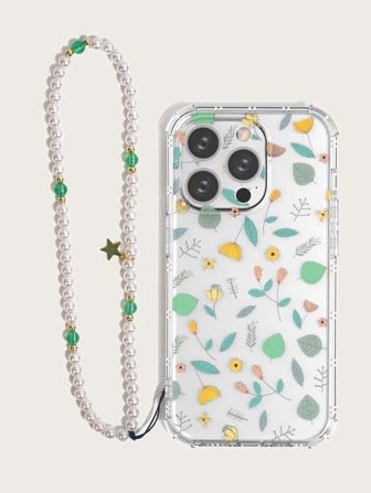 Funda de celular transparente con estampado de plantas con acollador