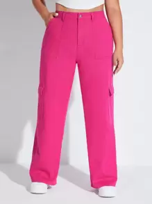 SHEIN EZwear 大碼高腰側翻蓋口袋工裝牛仔褲 - 玫紅色 - 查看 2