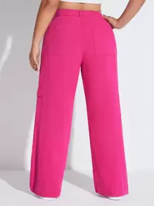 SHEIN EZwear 大碼高腰側翻蓋口袋工裝牛仔褲 - 玫紅色 - 查看 3