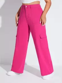 SHEIN EZwear 大碼高腰側翻蓋口袋工裝牛仔褲 - 玫紅色 - 查看 4