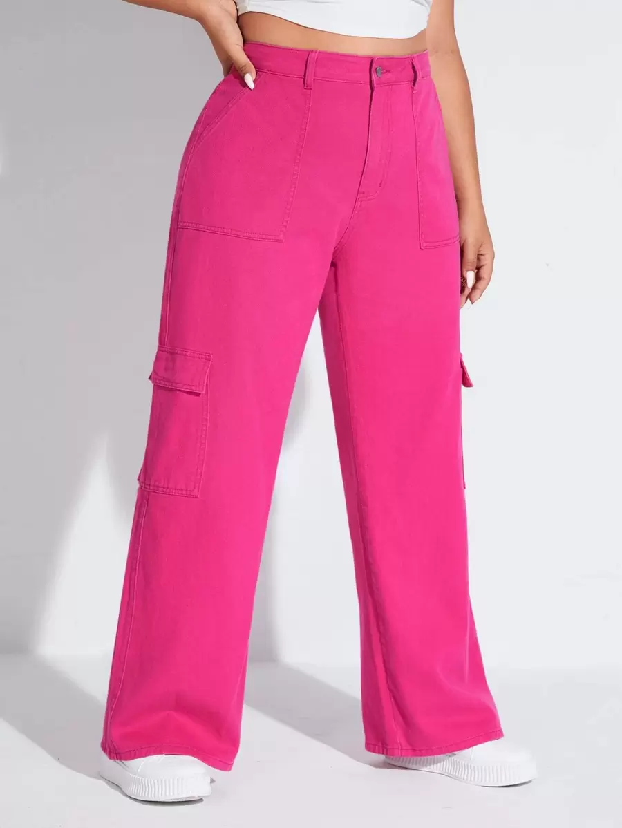 SHEIN EZwear 大碼高腰側翻蓋口袋工裝牛仔褲 - 玫紅色 - 查看 1