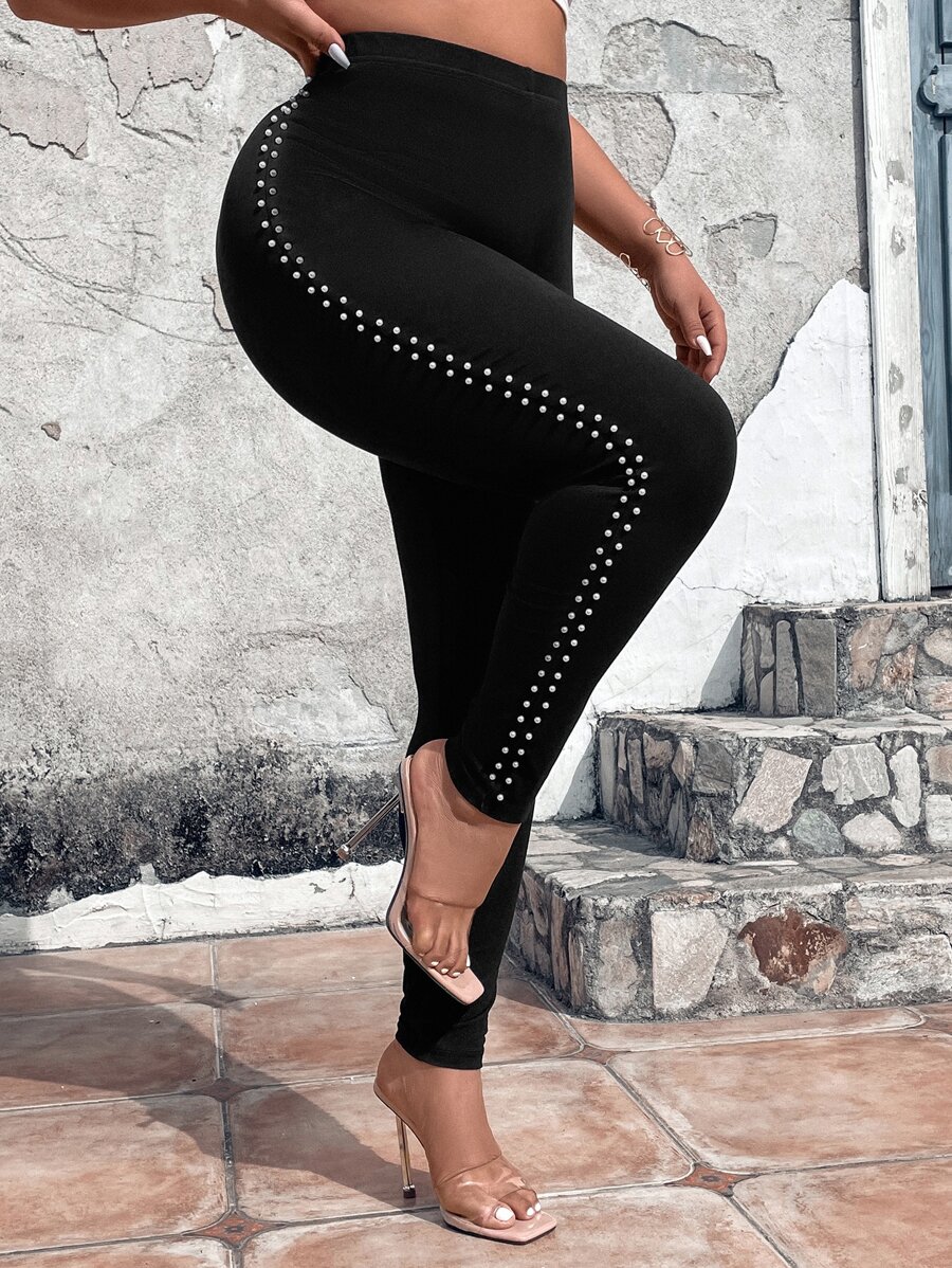 SHEIN LUNE 大碼珍珠串珠細節緊身打底褲 - 黑色 - 查看 1