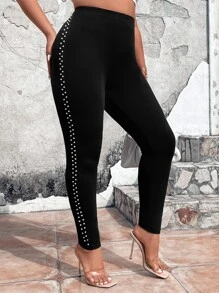 SHEIN LUNE 大碼珍珠串珠細節緊身打底褲 - 黑色 - 查看 3