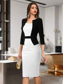 Colourblock Split Hem Bodycon Dress - Black and White - View 3