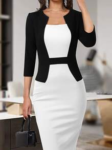 Colourblock Split Hem Bodycon Dress - Black and White - View 4