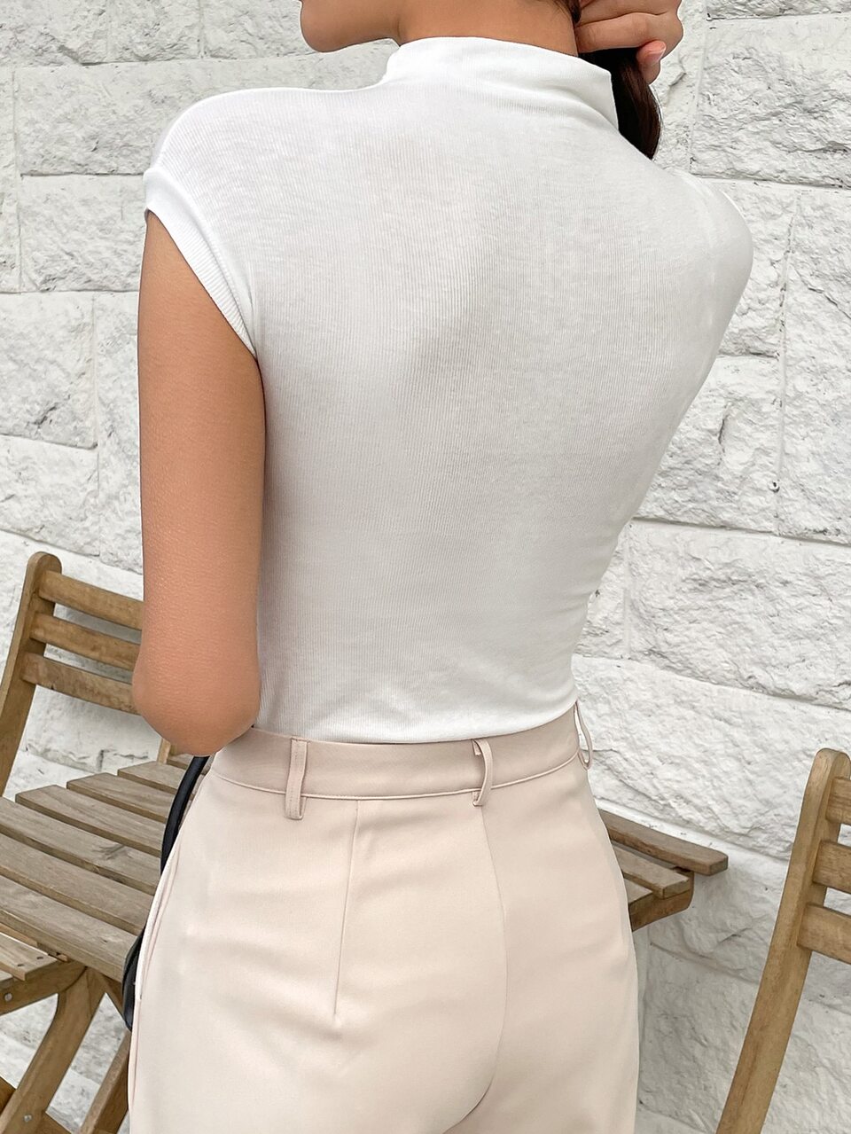Solid Mock Neck Batwing Sleeve Tee