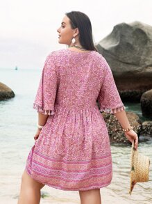 Rusttydustty Plus Paisley Print Fringed Tie Neck Dress - Pink - View 2