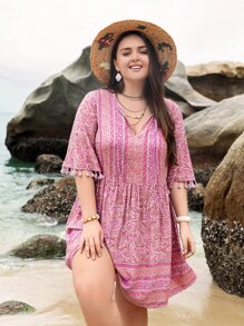 Rusttydustty Plus Paisley Print Fringed Tie Neck Dress - Pink - View 3