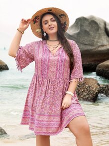 Rusttydustty Plus Paisley Print Fringed Tie Neck Dress - Pink - View 1