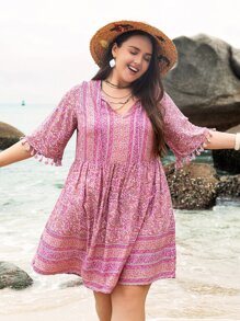 Rusttydustty Plus Paisley Print Fringed Tie Neck Dress - Pink - View 4