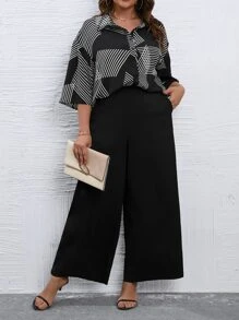 SHEIN LUNE Plus Striped Print Drop Shoulder Shirt & Wide Leg Trousers - Black and White - View 3