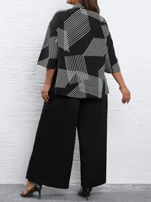SHEIN LUNE Plus Striped Print Drop Shoulder Shirt & Wide Leg Trousers - Black and White - View 2