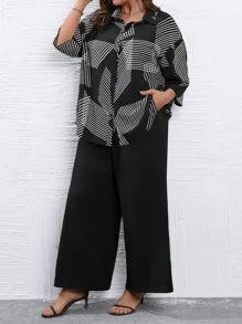 SHEIN LUNE Plus Striped Print Drop Shoulder Shirt & Wide Leg Trousers - Black and White - View 1