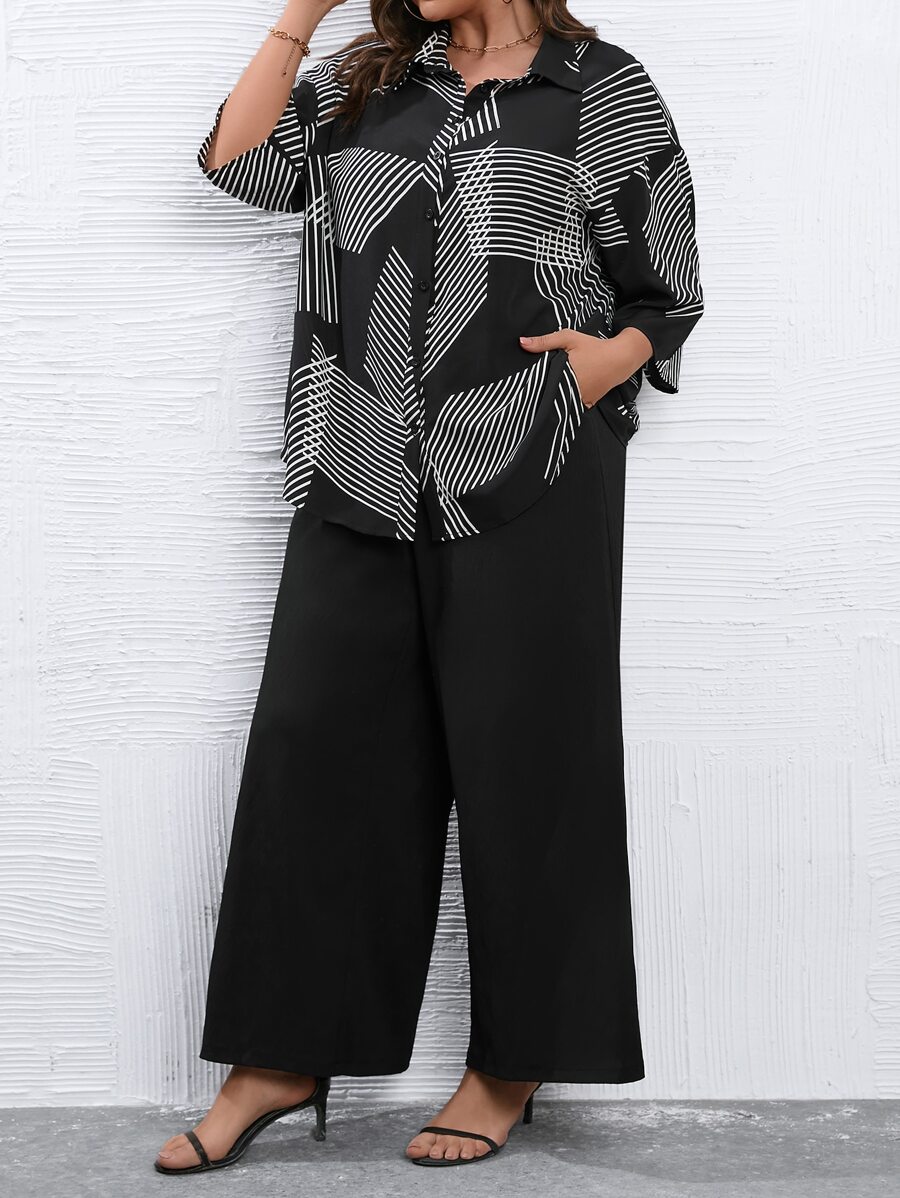 SHEIN LUNE Plus Striped Print Drop Shoulder Shirt & Wide Leg Trousers - Black and White - View 1
