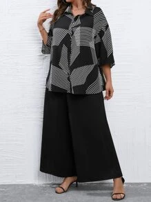 SHEIN LUNE Plus Striped Print Drop Shoulder Shirt & Wide Leg Trousers - Black and White - View 4
