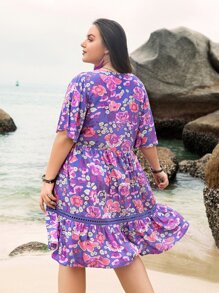 Vestido con estampado floral panel con encaje bajo con fruncido - Morado - Ver 2