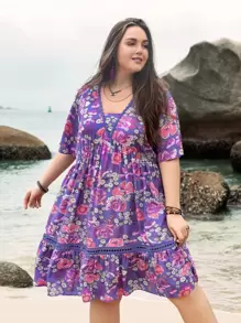 Vestido con estampado floral panel con encaje bajo con fruncido - Morado - Ver 4