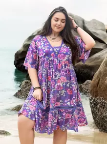 Vestido con estampado floral panel con encaje bajo con fruncido - Morado - Ver 1