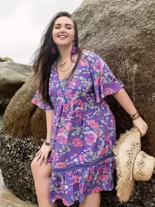 Vestido con estampado floral panel con encaje bajo con fruncido - Morado - Ver 6