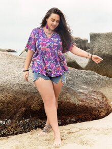 Rusttydustty Áo sơ mi tay ngắn cổ chữ V họa tiết hoa màu tím cỡ lớn cho nữ đi biển, dã ngoại, lễ hội âm nhạc, mùa cưới - Màu tím - Xem 4