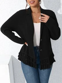 SHEIN Clasi Áo vest Plus size mép phân lớp Nút phía trước màu trơn Thanh lịch - màu đen - Xem 4