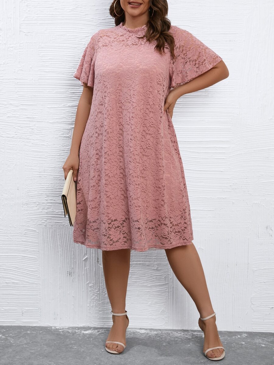 SHEIN LUNE Plus Solid Lace Dress - Dusty Pink - View 1