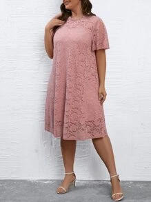 SHEIN LUNE Plus Solid Lace Dress - Dusty Pink - View 4