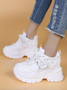 女士字母細節前綁帶坡跟運動鞋時尚白色坡跟運動鞋