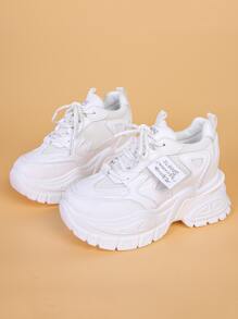 女士字母細節前綁帶坡跟運動鞋時尚白色坡跟運動鞋