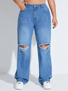 SHEIN EZwear Plus High Waist Ripped Straight Leg Jeans - Medium Wash - View 3
