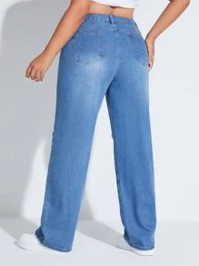 SHEIN EZwear Plus High Waist Ripped Straight Leg Jeans - Medium Wash - View 4