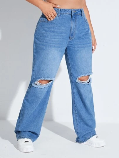 SHEIN EZwear Plus High Waist Ripped Straight Leg Jeans