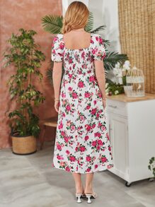 SHEIN VCAY 1 pieza Vestido con estampado floral de manga farol - Multicolor - Ver 2