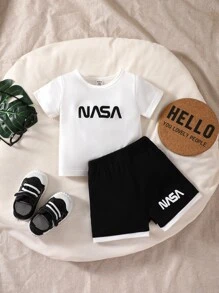 Baby Boy Letter Graphic Tee & Contrast Trim Shorts - Black and White - View 1
