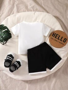Baby Boy Letter Graphic Tee & Contrast Trim Shorts - Black and White - View 2