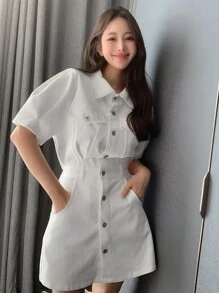 DAZY 斜口袋泡泡袖衬衫裙太阳裙，休闲女装