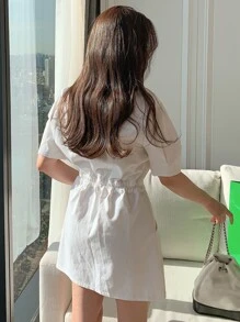 DAZY 斜口袋泡泡袖衬衫裙太阳裙，休闲女装