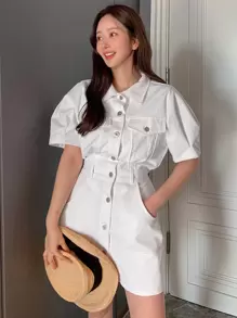 DAZY 斜口袋泡泡袖衬衫裙太阳裙，休闲女装