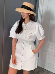 DAZY 斜口袋泡泡袖衬衫裙太阳裙，休闲女装