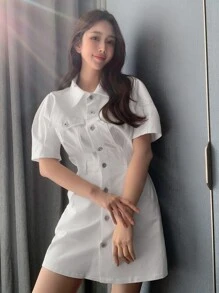 DAZY 斜口袋泡泡袖衬衫裙太阳裙，休闲女装