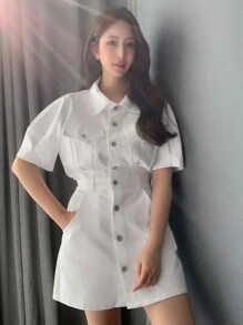 DAZY 斜口袋泡泡袖衬衫裙太阳裙，休闲女装