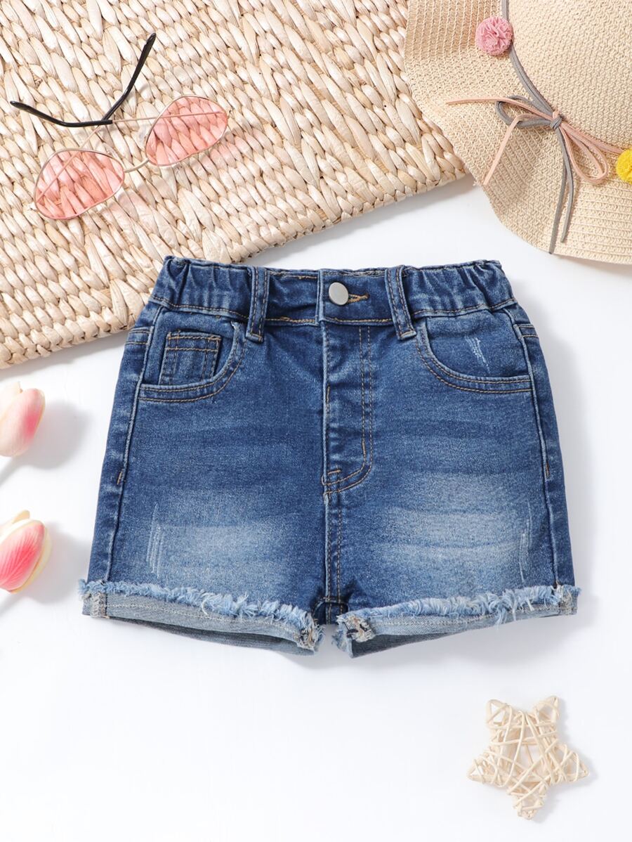 小女童毛邊緣卷邊牛仔短褲 - 深色水洗藍 - 查看 1