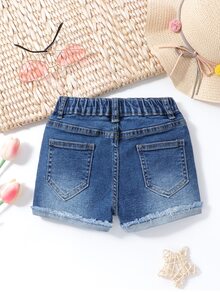 小女童毛邊緣卷邊牛仔短褲 - 深色水洗藍 - 查看 2