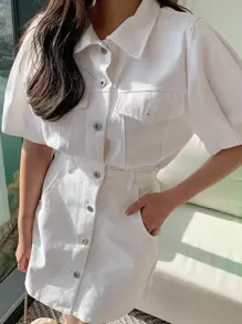 DAZY 斜口袋泡泡袖衬衫裙太阳裙，休闲女装