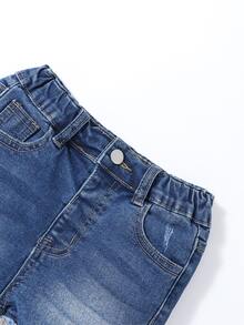 小女童毛邊緣卷邊牛仔短褲 - 深色水洗藍 - 查看 4