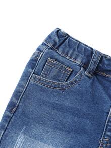 小女童毛邊緣卷邊牛仔短褲 - 深色水洗藍 - 查看 5